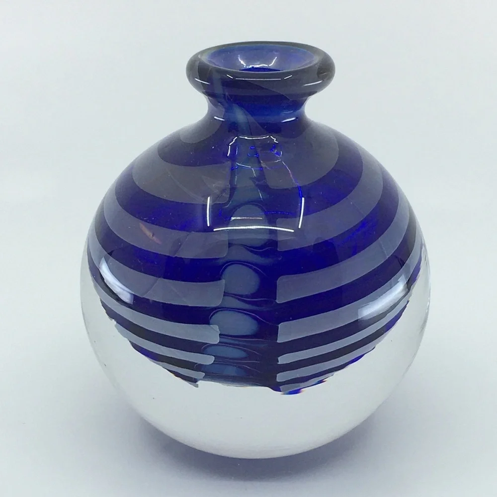 Vintage Cobalt Blue Swirl Glass Vase Paperweight Collectible Art Glass Round